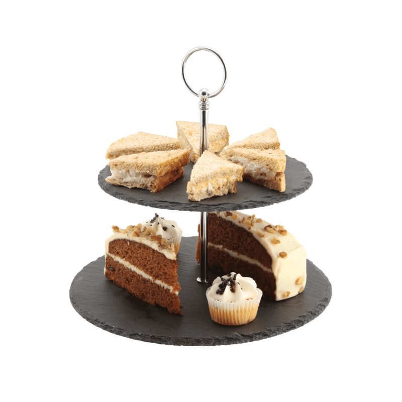 2 Tier Slate Cake Stand used for High Tea with sandwiches and cake