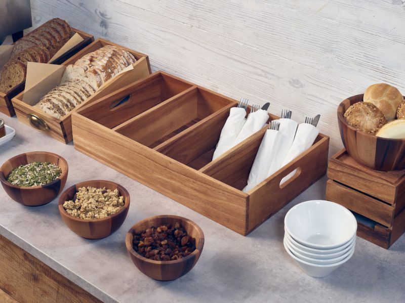 Acacia Wood Buffet products in a hotel buffet setting