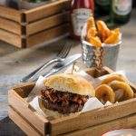 Acacia Wood Crate with burger lifestyle image