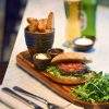 Acacia Wood Serving Board with Burgers and Chips