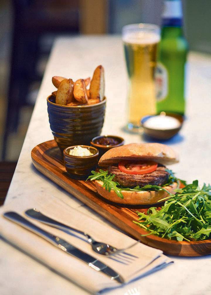 Acacia Wood Serving Board with Burgers and Chips