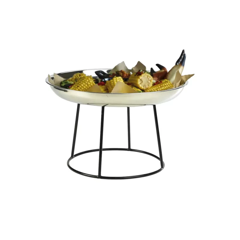 Black Anti-Slip Round Buffet Riser with food served in a stainless steel platter