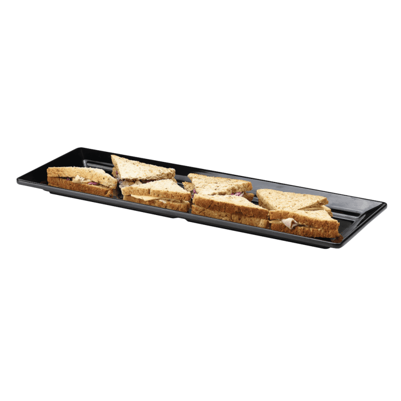 Black Melamine Platter GN 2-4 Size loaded with tasty sandwiches