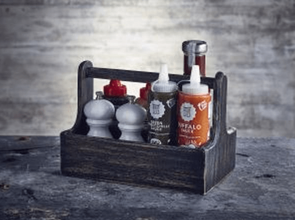 Black Wodden Table Caddy with condiments