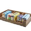 Breakfast cereal boxes presented in a rustic wooden display crate