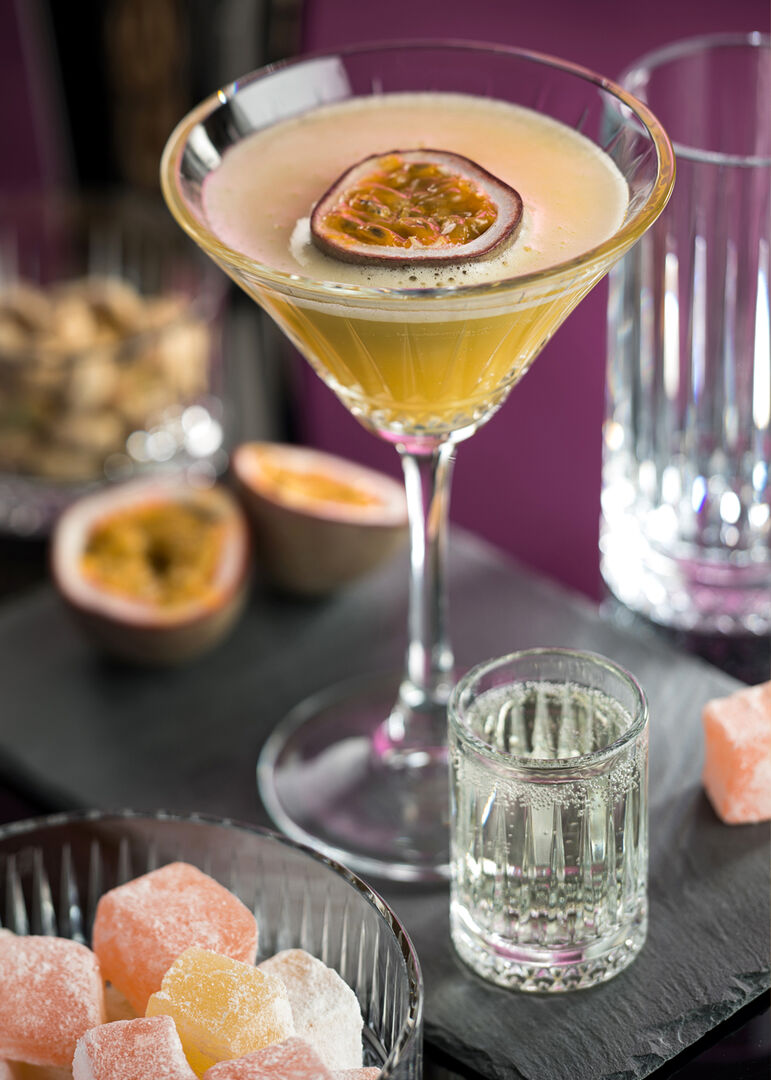 Elysia Martini Glass with cocktail and sweets