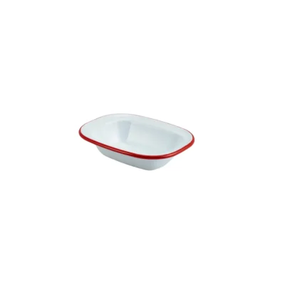 Enamel Rectangular Pie Dish White with Red Rim 16cm