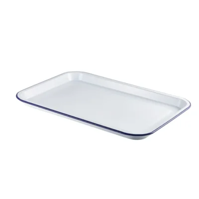 Enamel Serving Tray White with Blue Rim 33-5cm