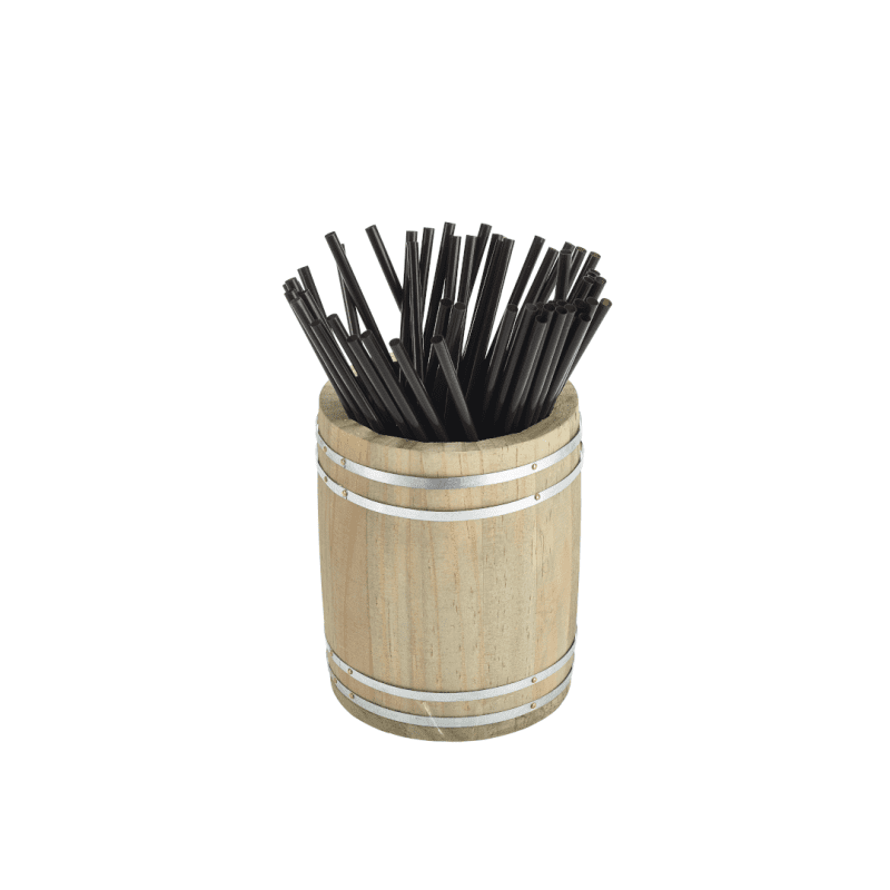 Miniature Wooden Barrel filled with black straws