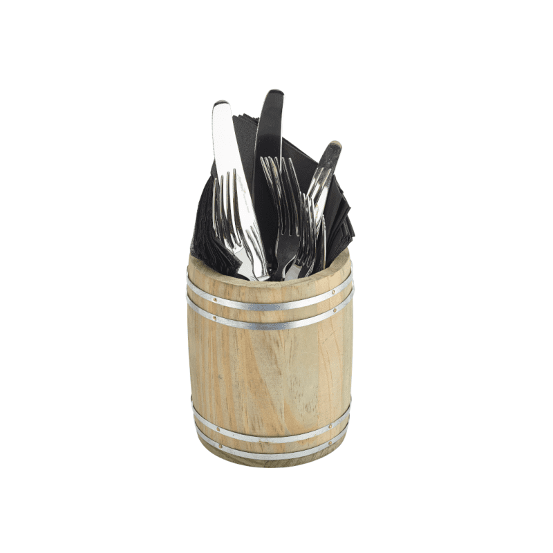 Miniature Wooden Barrel filled with cutlery and napkins