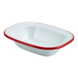 Enamel Rect. Pie Dish White with Red Rim 16cm