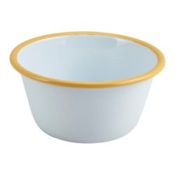Enamel Round Deep Pie Dish White with Yellow Rim 12cm