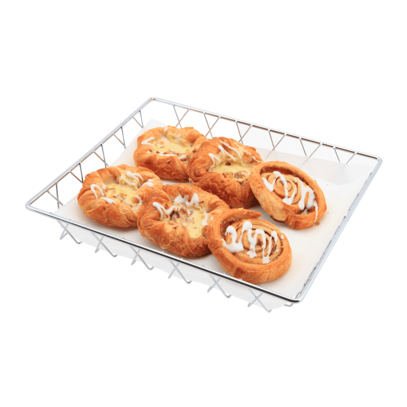 Pastries served in a chrome wire display basket