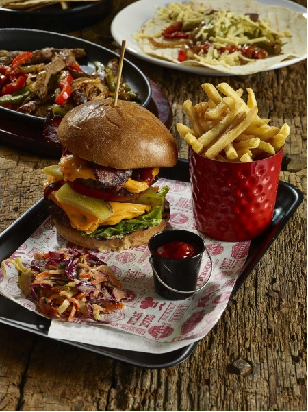 Red Steak House Design Greaseproof Paper with burger and chips