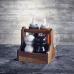 Small Dark Wood Table Caddy with condiments