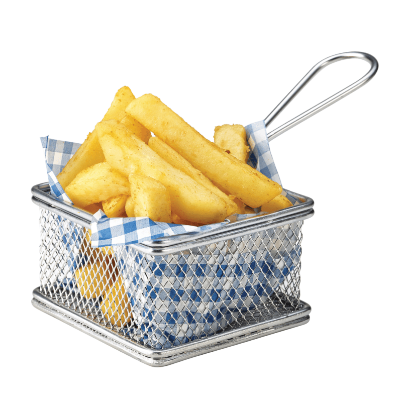 Square Fry basket lined with blue and white greaseproof paper with fries