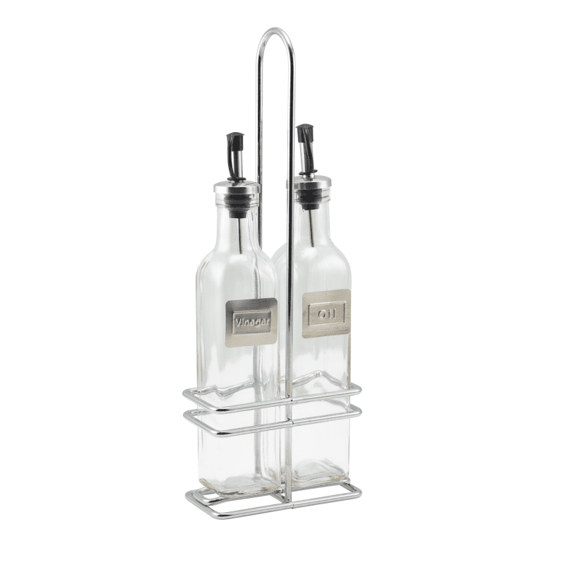 Square Glass Oil and Vinegar With Chrome Stand - Cruet Set