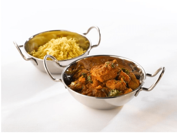 Stainless Steel Balti Dishes with rice and curry