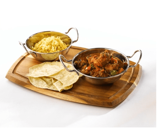 Stainless Steel balti Dishes with Wooden Board