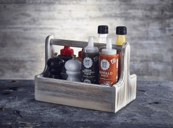 White Wooden Table Caddy with condiments