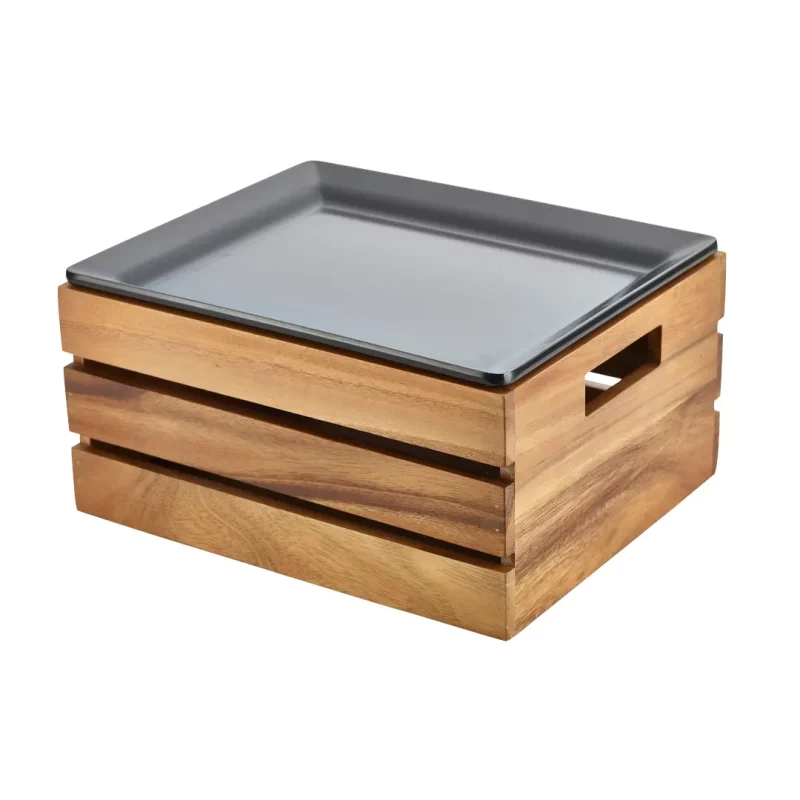 shallow gastronorm tray sat in a Acacia Wood Box - Riser GN 1 - 2