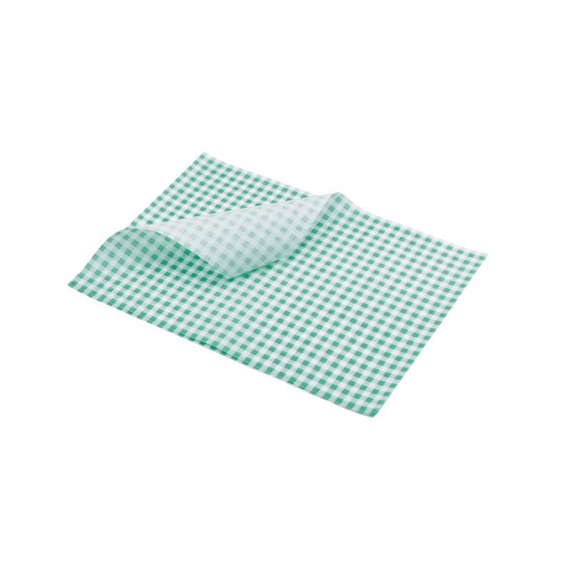 Greaseproof Paper Green Gingham Print 35 x 25cm with one corner folded over