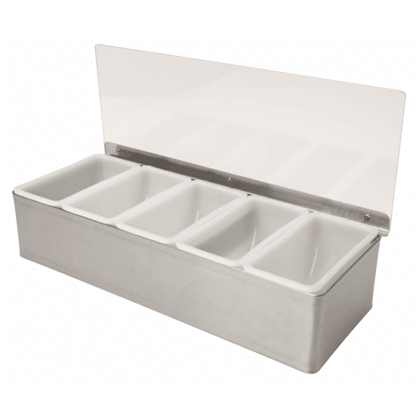 5 Compartment Stainless Steel Condiment Holder with Lid Open