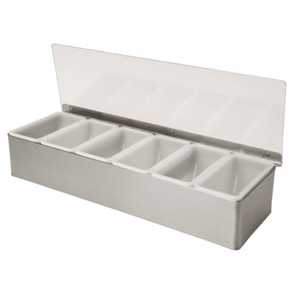 6 Compartment Stainless Steel Condiment Holder with Lid Open