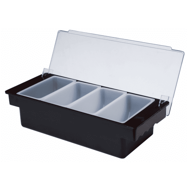 Plastic 4 compartment condiment holder with lid open - 1 pint capacity