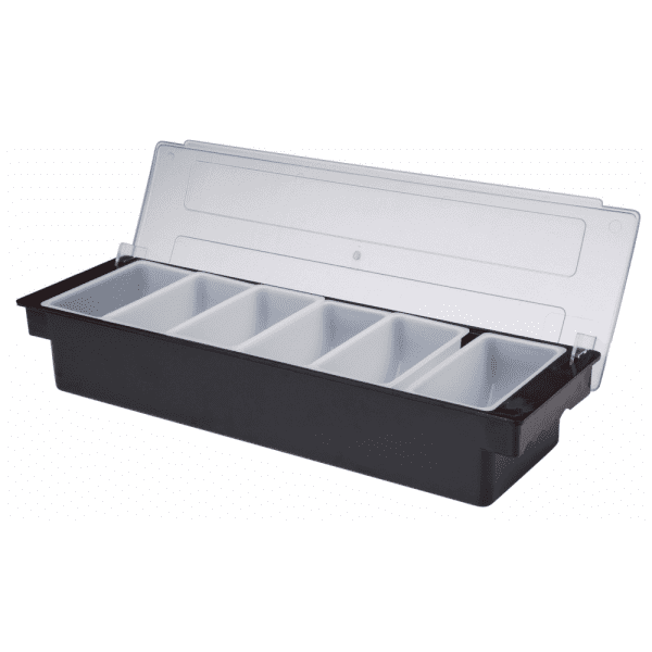 Plastic Condiment Holder lid open with 6 Compartments - 1 pint capacity