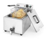 Angled view of the Hendi Mastercook Single Tank Electric Fryer 8L with fries in the basket