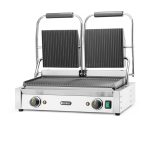 Front of the Hendi Double Ribbed Contact Grill with both lids open
