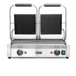 Front of the Hendi Double Ribbed Contact Grill with the lids open