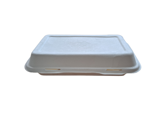 Closed lid on medium bagasse fish and chips clamshell