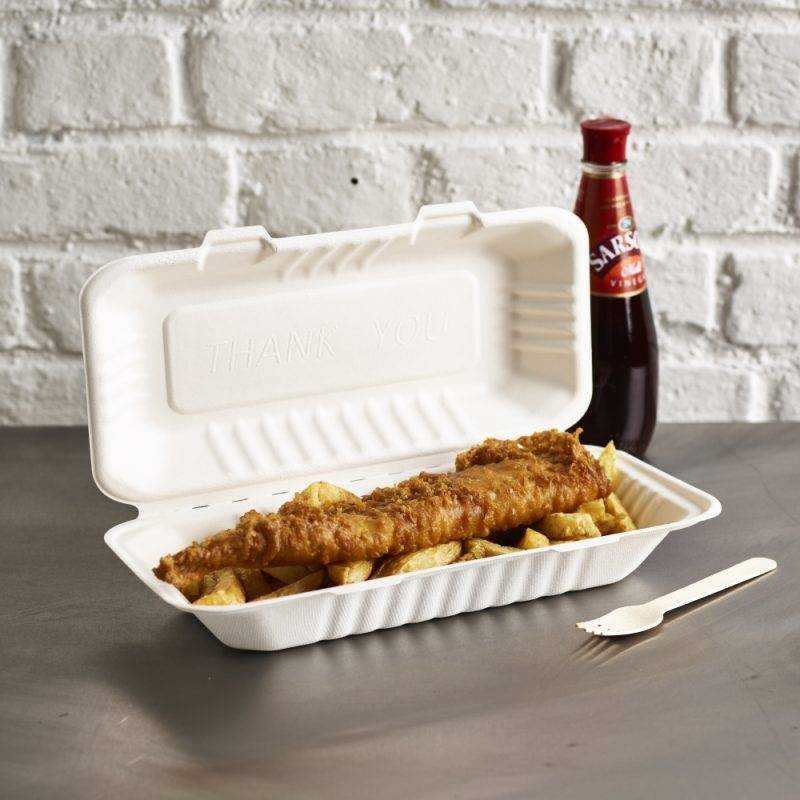 Bagasse Fish and Chips Container with portion of delicious fish and chips