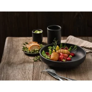 Elements Black Bowls and Cups on a table with food and drink