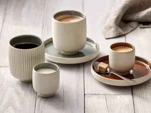 Nara Grey Cups and Saucers with hot drinks lifestyle image