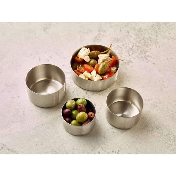 4 Stainless Steel Straight Sided Dishes lifestyle image with food