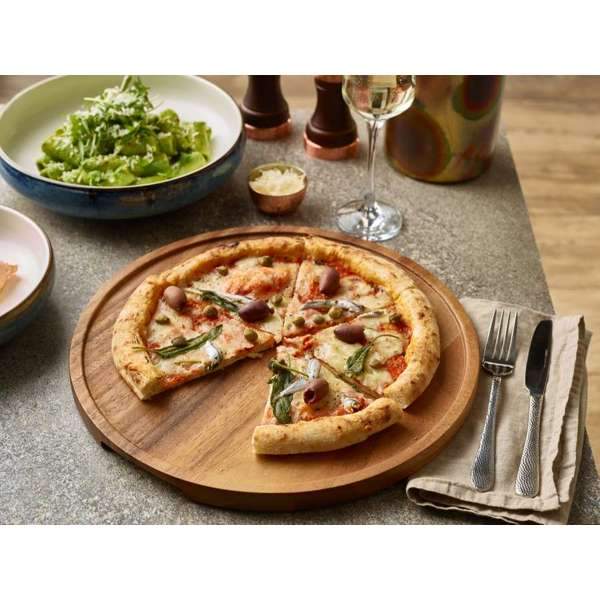 Acacia Wood Pizza Board with pizza sides and drinks