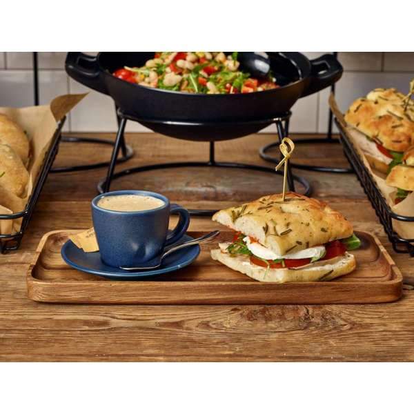 Acacia Wood Rectangular Serving Tray with coffee and a sandwich