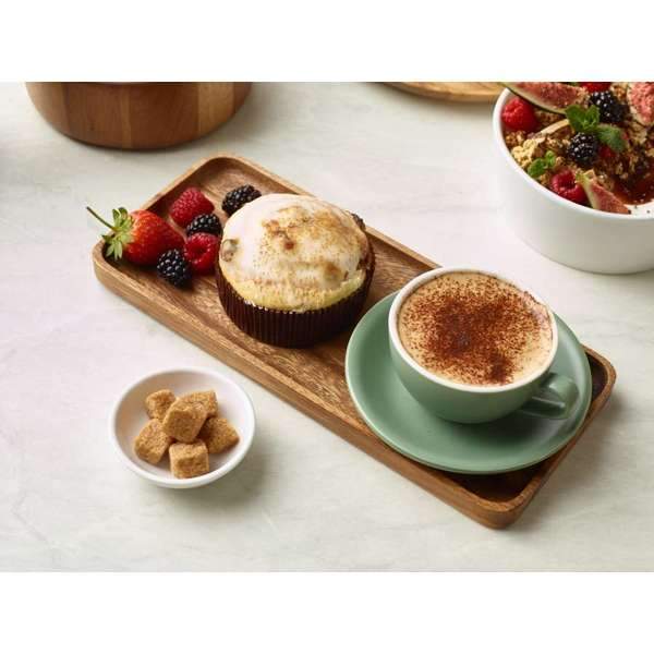 Acacia Wood Rectangular Serving Tray with coffee and cake