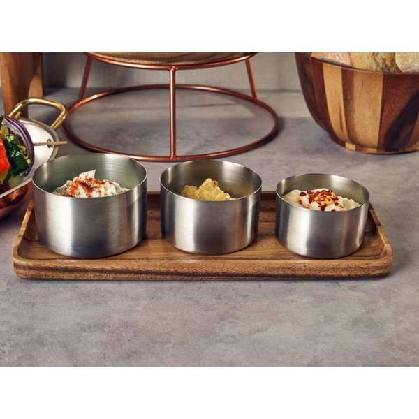 Acacia Wood Rectangular Serving Trsay with Stainless Steel Presentation dishes