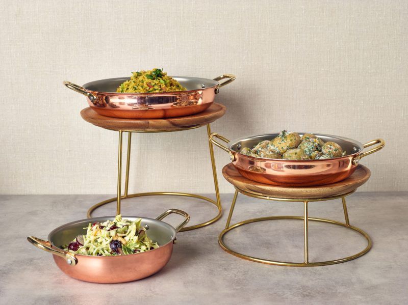 Gold Buffet Risers with Copper Plated Buffet Bowls