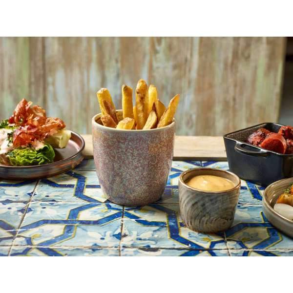 Lifestyle image of grey organic dip pot and chip cup