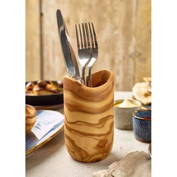 Olive Wood Rustic Cutlery Holder with cutlery inside lifestyle image