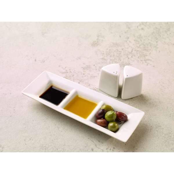 White porcelain salt and pepper pots and dipping dishes