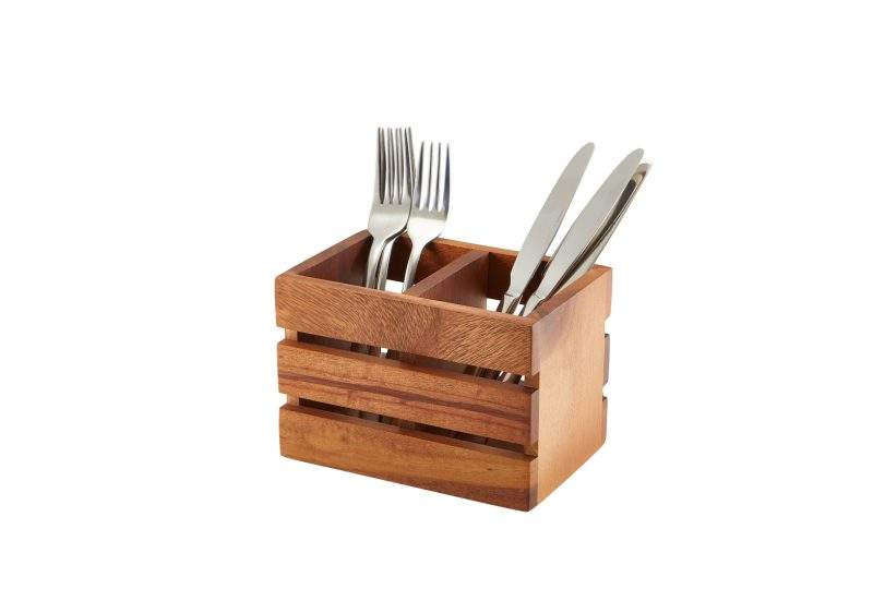2 Compartment Acacia Wood Cutlery Holder with cutlery