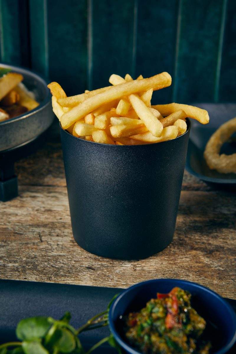 Black metallic Serving Cup with Chips Lifestyle Image