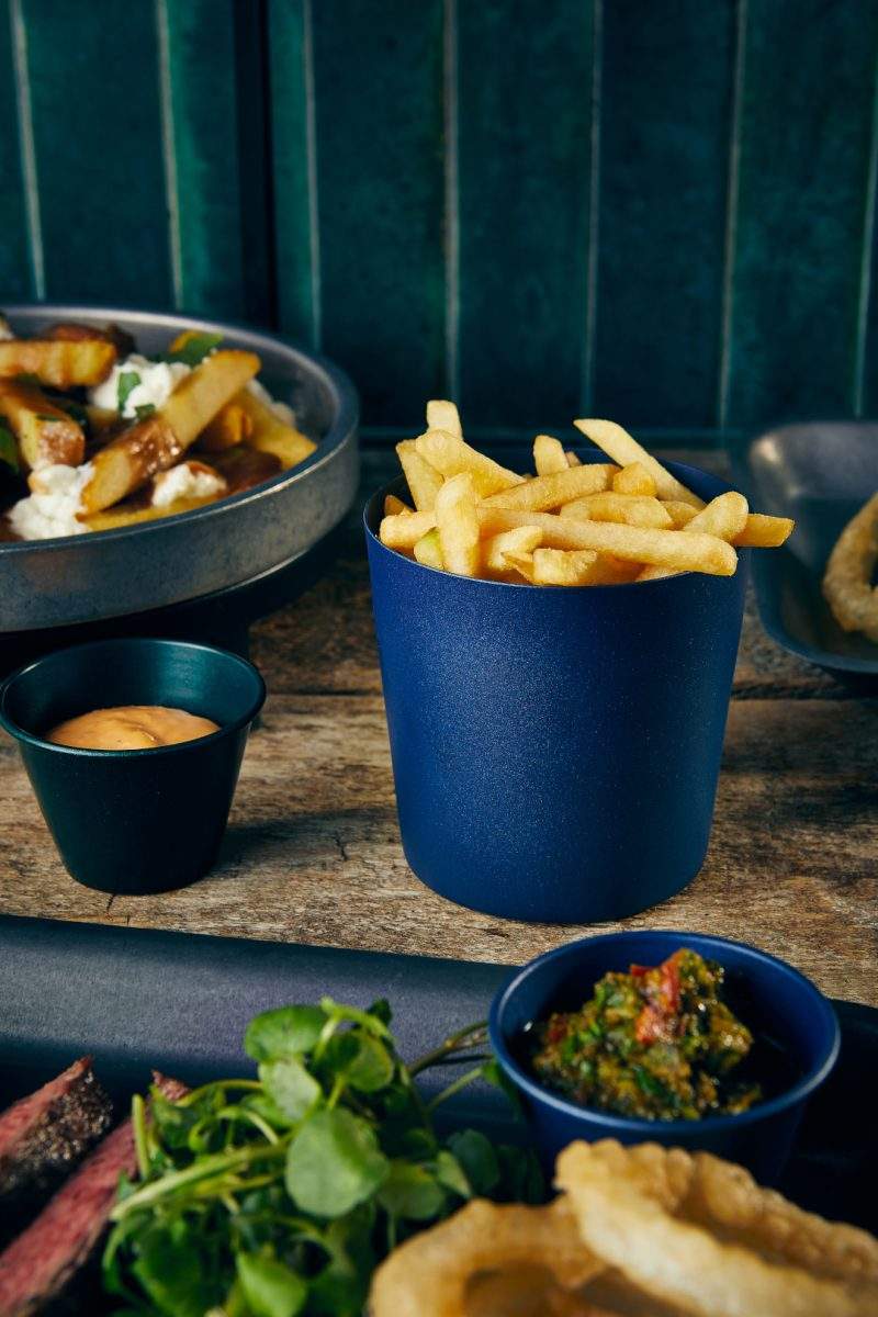 Blue Metallic Serving Cup filled with chips lifestyle image