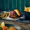 Vintage Steel Tray with burgers and chips and sides